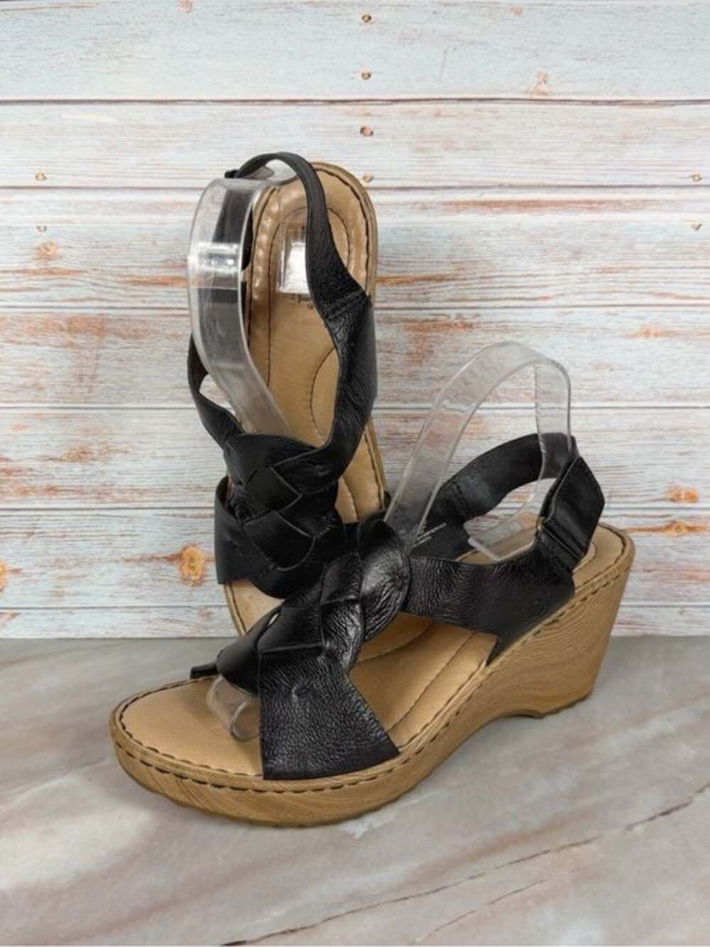 Born Inya Wedge Slingback Platform Sandals in Black Leather Size 9